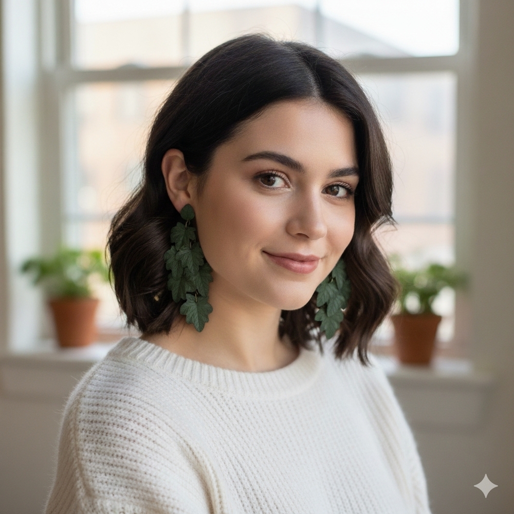 Dark Green Leaf Cluster Drop Earrings